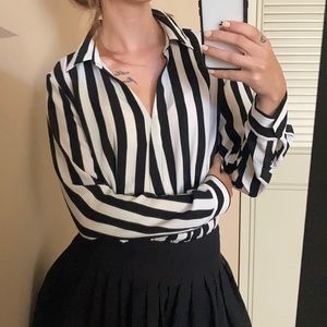 Black and white long sleeve striped blouse leotard